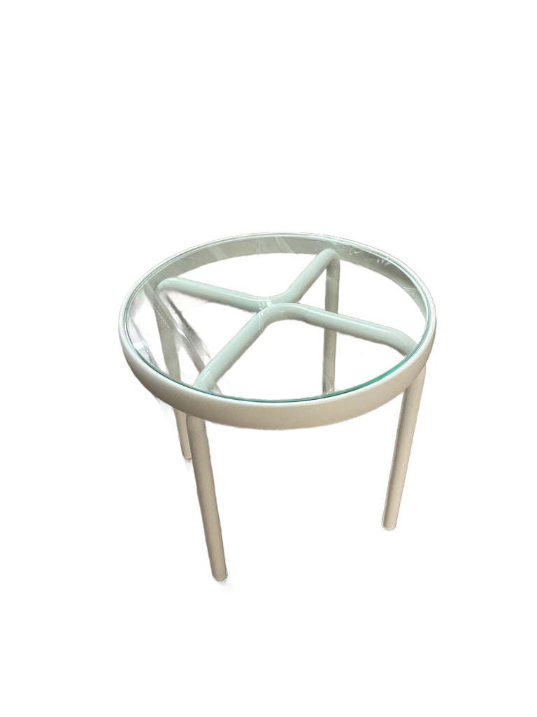 Off-White Painted Metal Round Accent Table with Plexi-Glass Top and X-Base