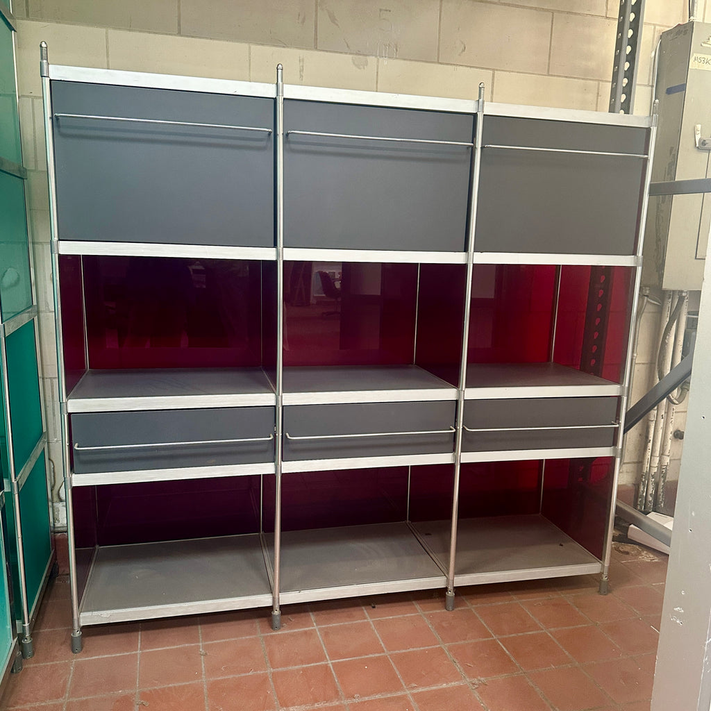 Modular Grey Metal and Red Glass Office Cabinet