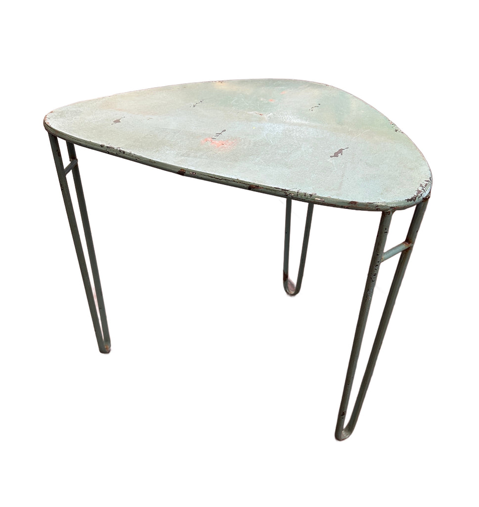 Distressed Green Metal Table with Hairpin Legs