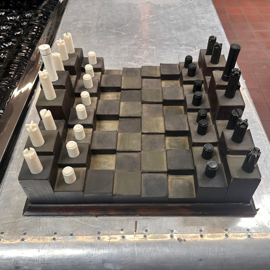 Modern. Black and White Wood Three-Dimensional Chess Set