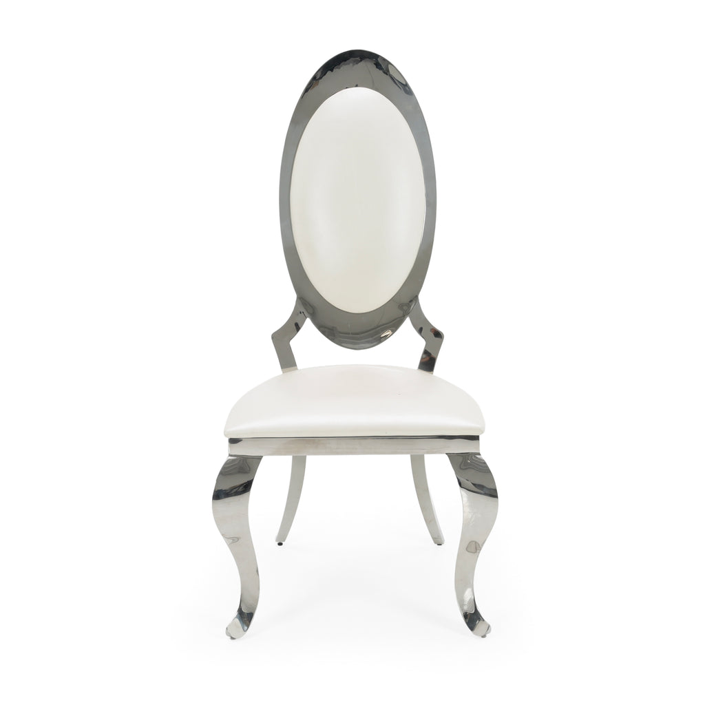 White Leather and Chrome Oval Back Ornate Dining Chair