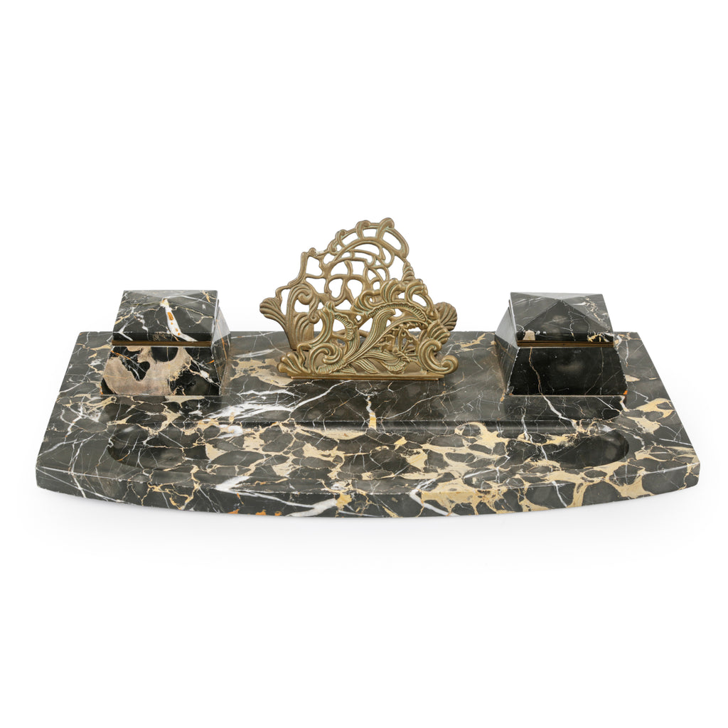 Black Marble & Brass Desk Inkwell Set with Letter Holder