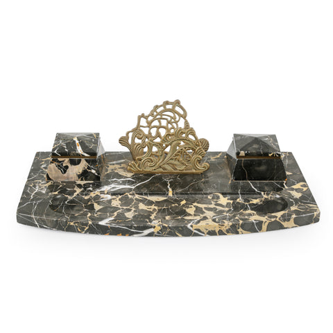 Black Marble & Brass Desk Inkwell Set with Letter Holder