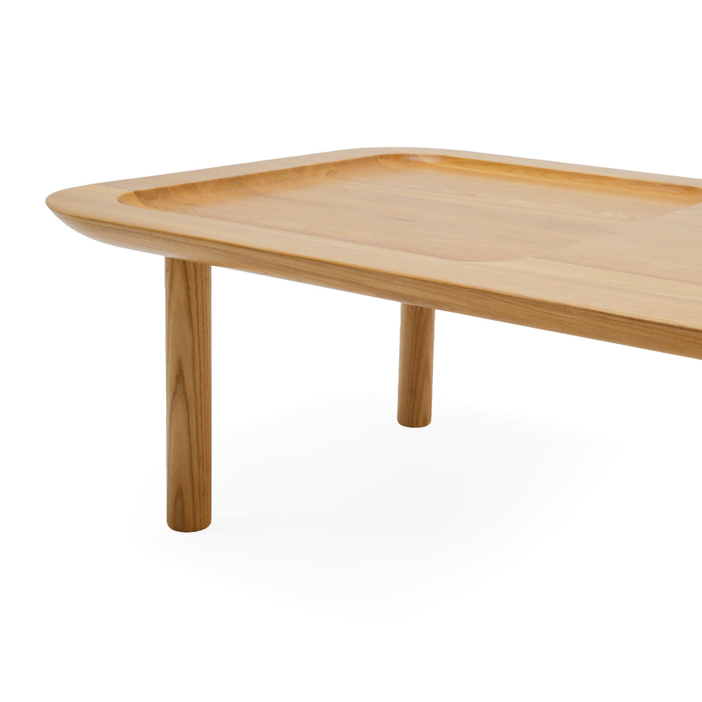 Natural Oak Wood Rectangular Coffee Table with Recessed Tray