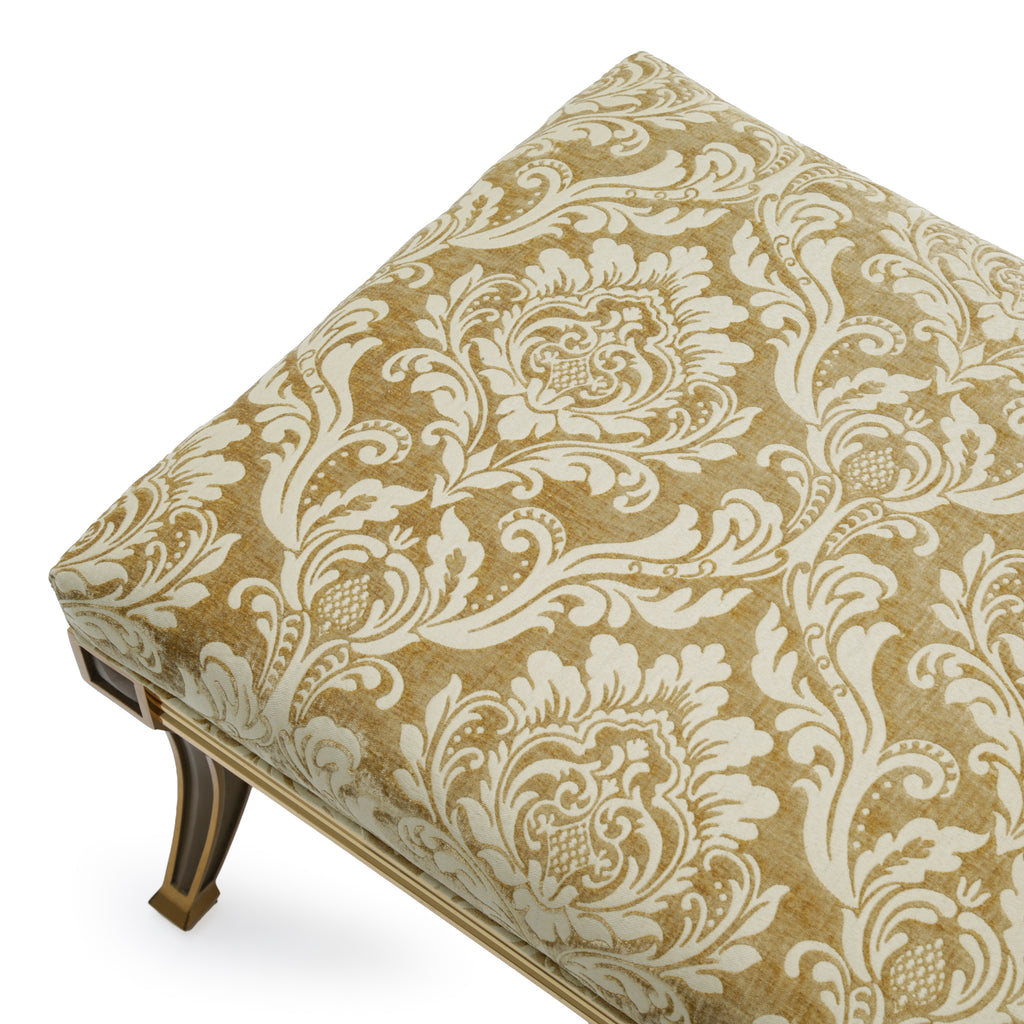 Golden Upholstered Wood and Brass Accent Bench