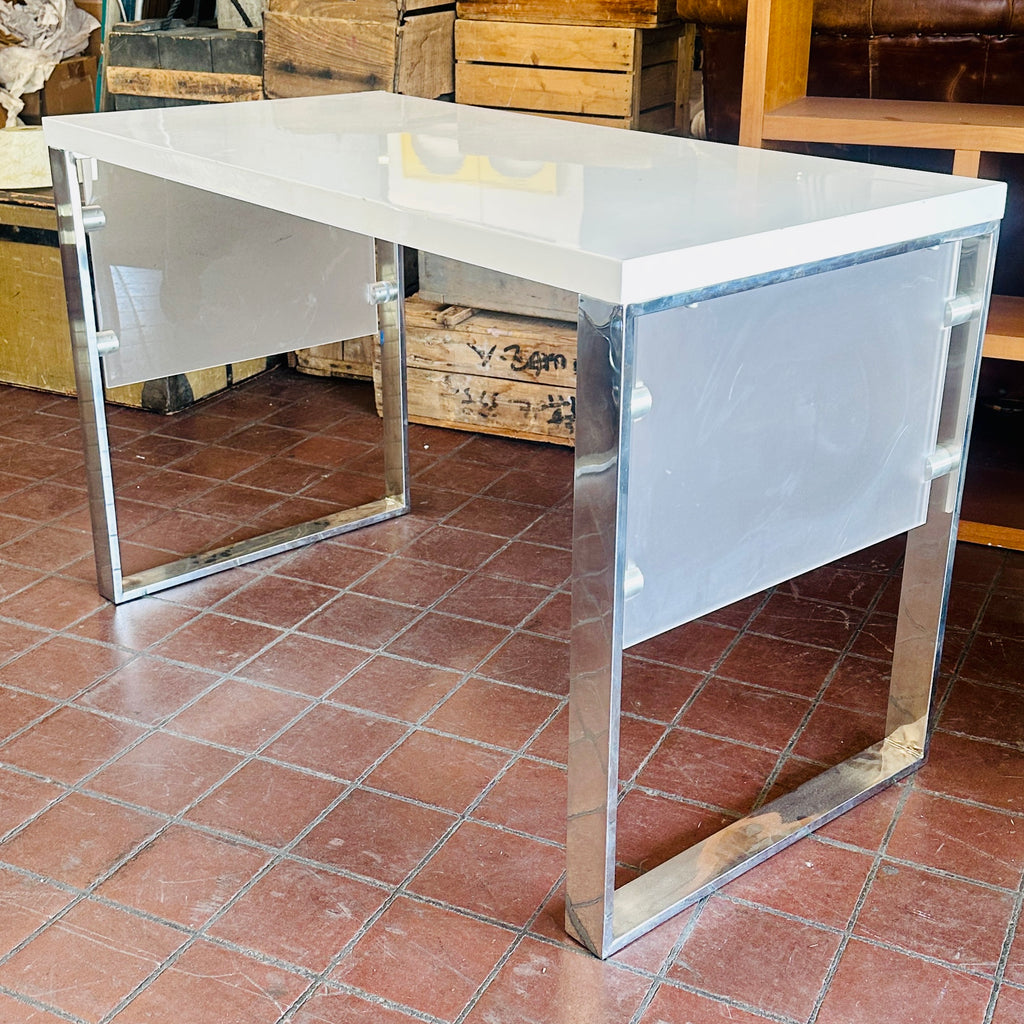 White and Chrome Desk with 2 Frosted Panels