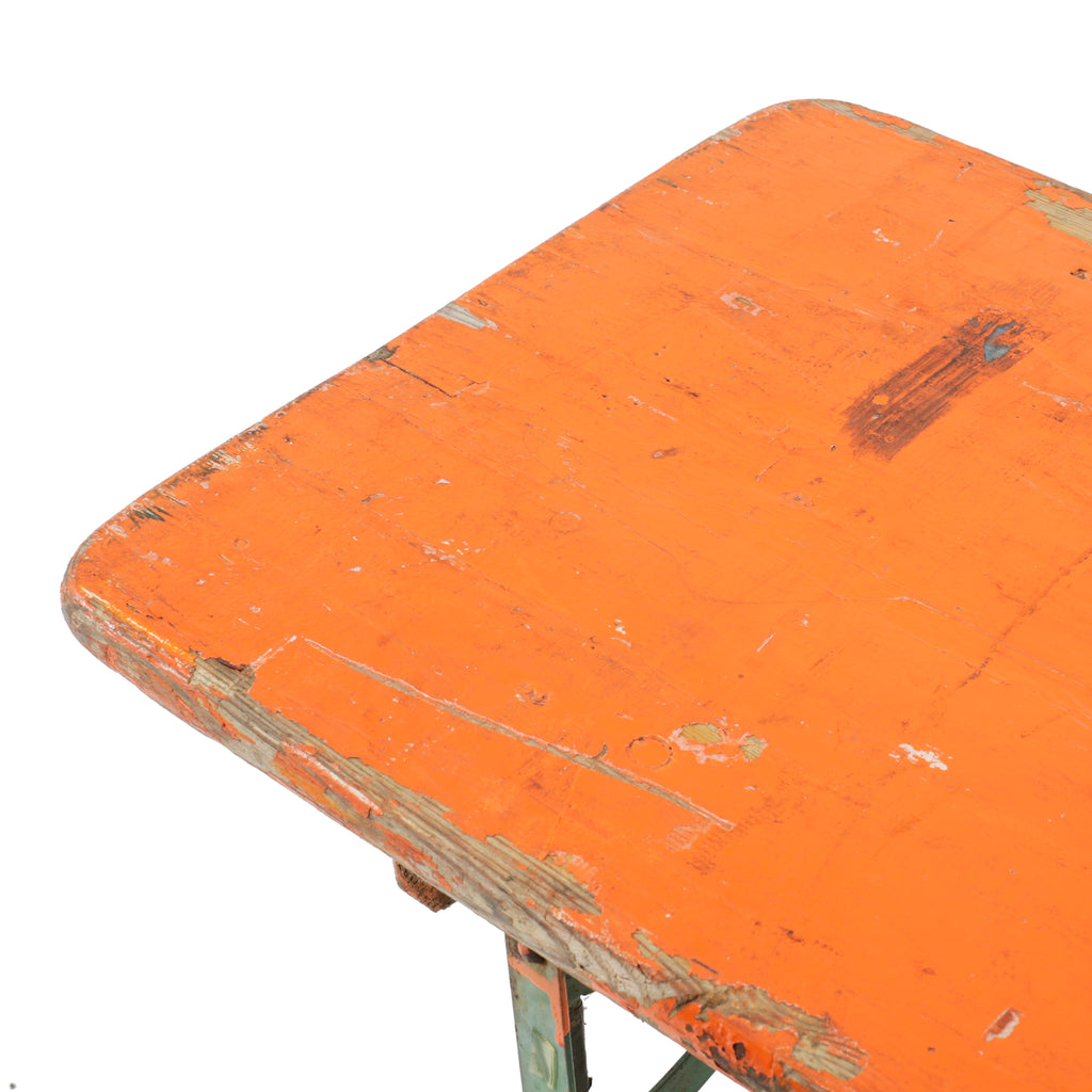 Distressed Orange Wooden Folding Table with Green Metal Legs