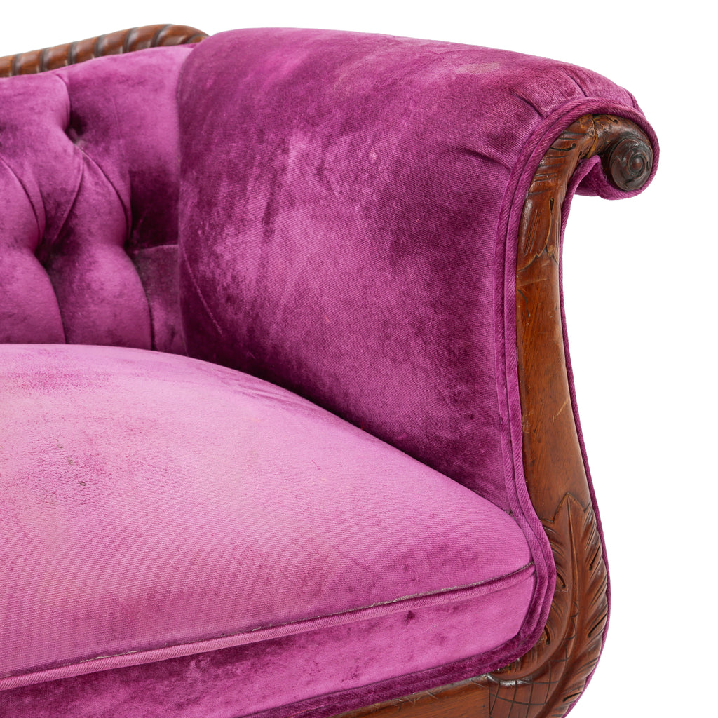 Magenta Velvet Carved Wood Settee
