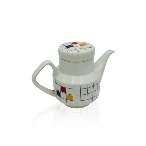 White Ceramic Teapot with Geometric Grid and Colors