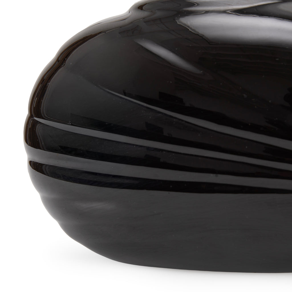 Glossy Black Ceramic Oval Vase with Ribbed Texture