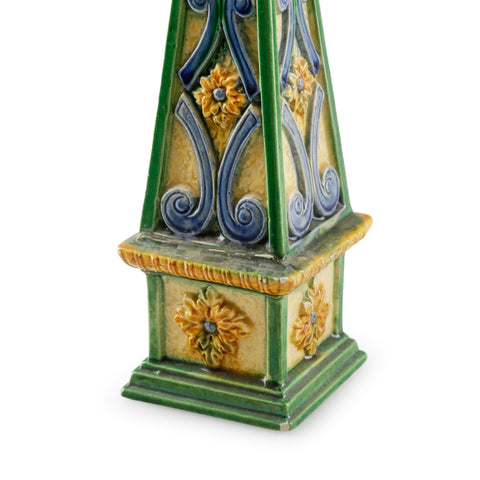 Green, Yellow & Blue Glazed Ceramic Obelisk