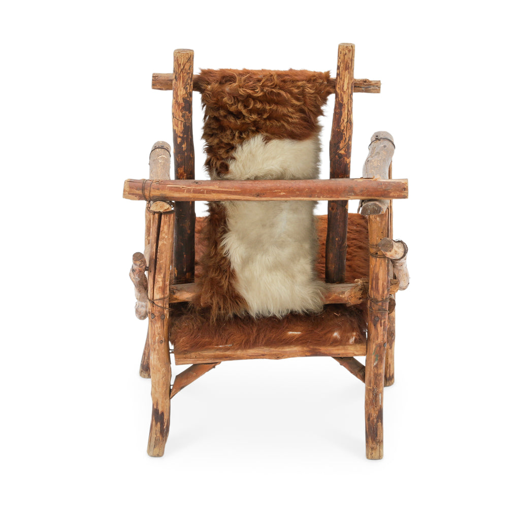 Raw Wood Armchair with Brown Animal Hide Fur