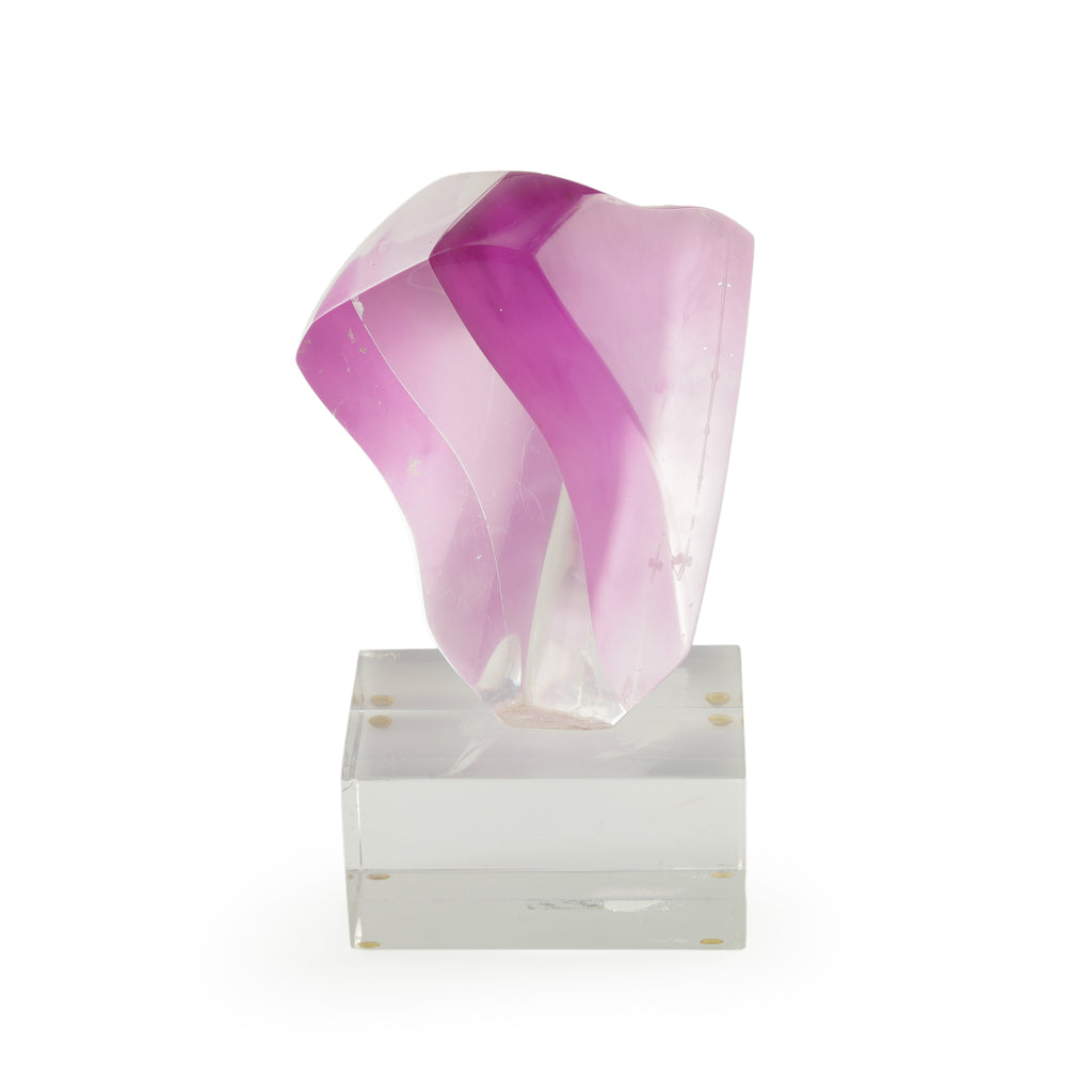 Clear Acrylic Abstract Sculpture with Magenta Ribbon Design