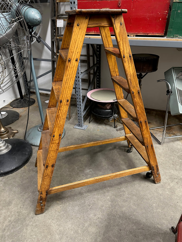 Vintage Wooden Rolling A-Frame Step Ladder
