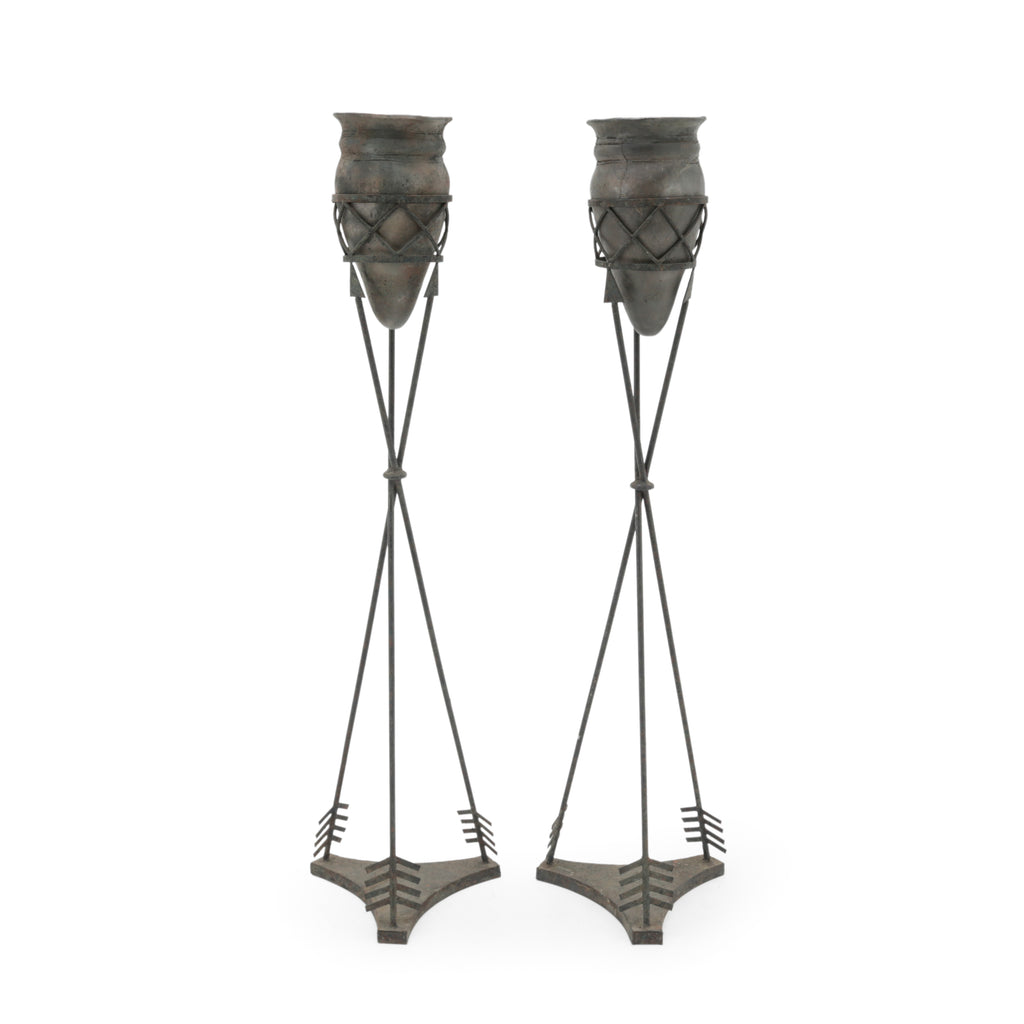 Pair of Distressed Iron Arrow Design Decorative Planter Stands