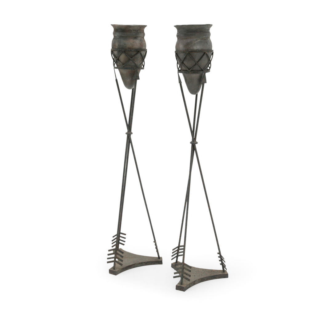 Pair of Distressed Iron Arrow Design Decorative Planter Stands