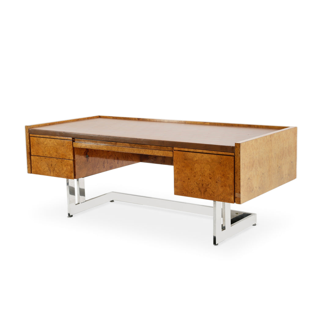 Burlwood Desk with Leather Top and Chrome Legs