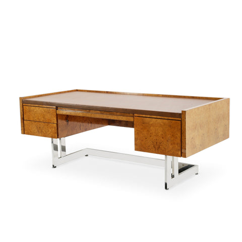 Burlwood Desk with Leather Top and Chrome Legs