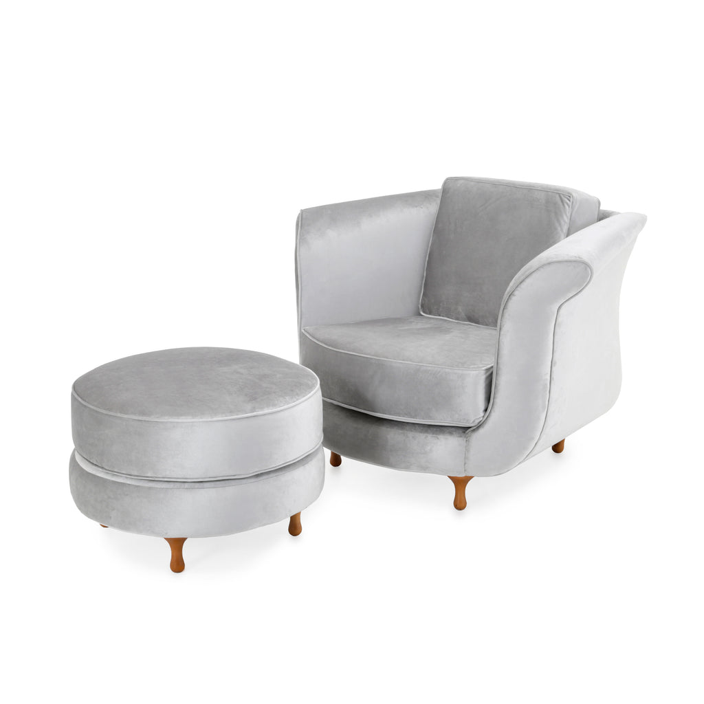 Silver Velvet Chair + Ottoman