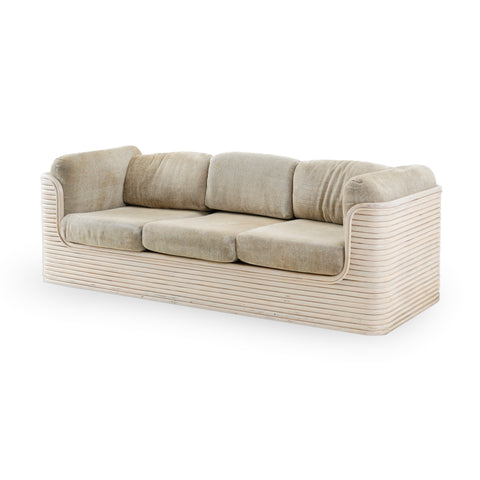 Distressed Beige Slatted Frame Bentwood Sofa