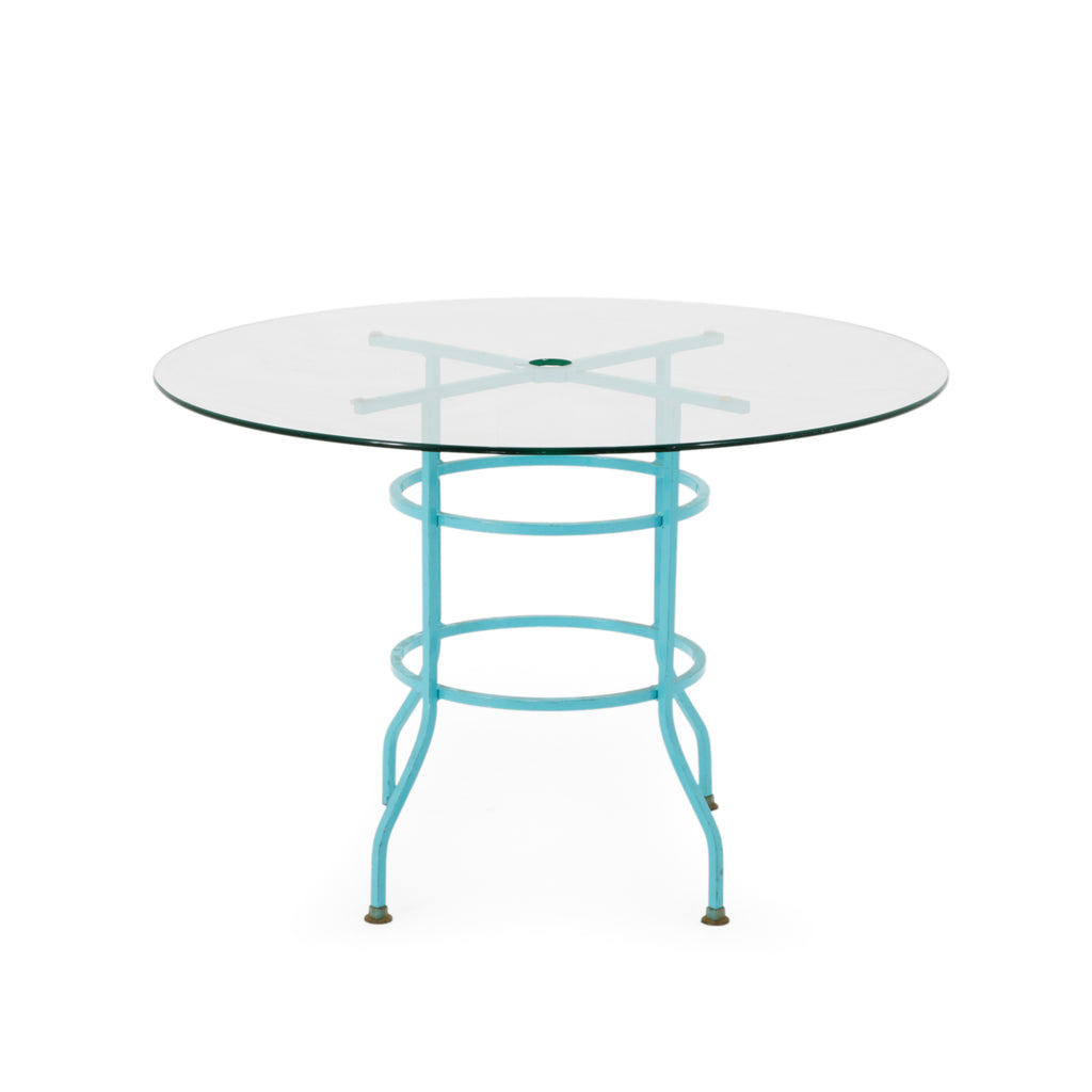 Blue Metal Round Glass Outdoor Table