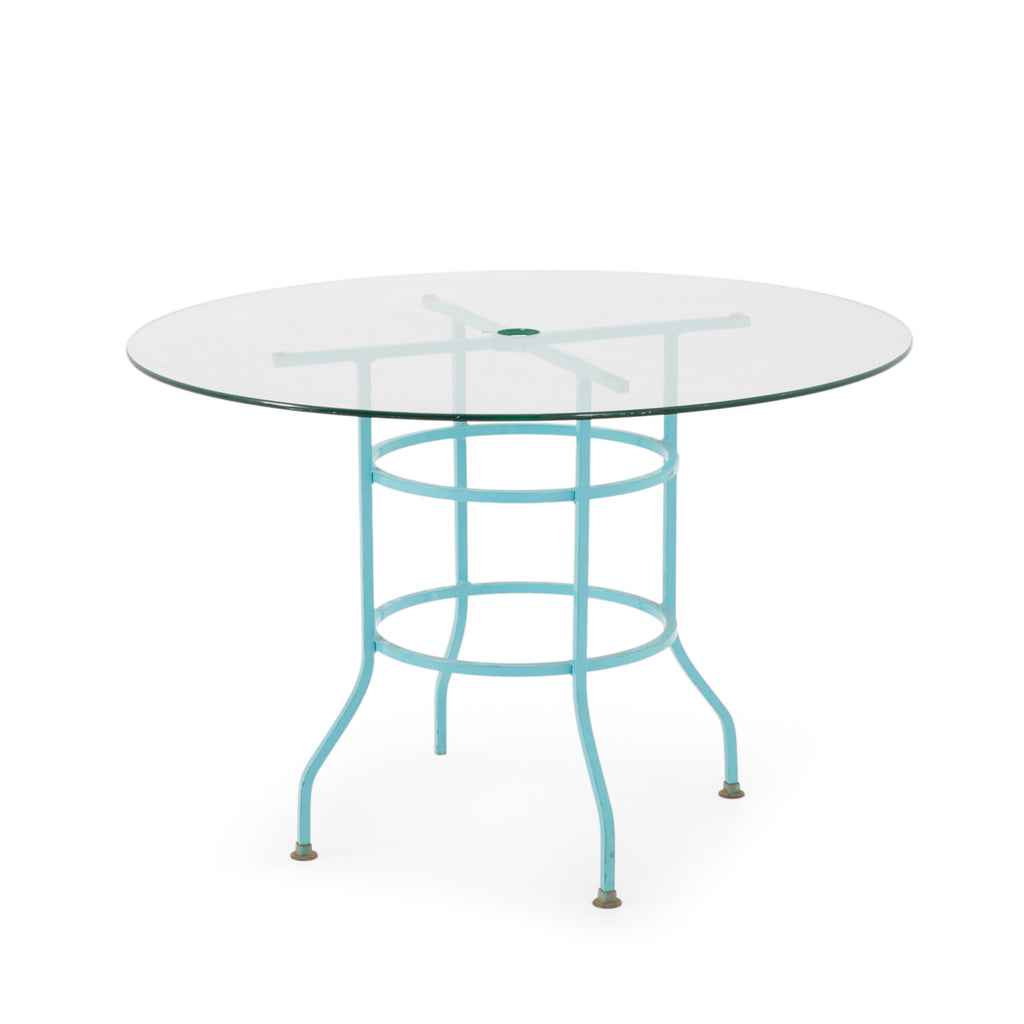 Blue Metal Round Glass Outdoor Table