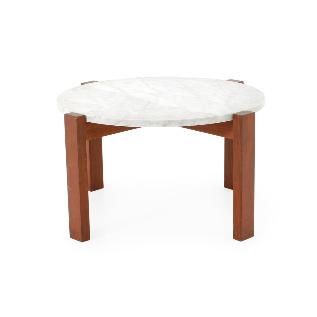 White Marble & Brown Base Round Side Table
