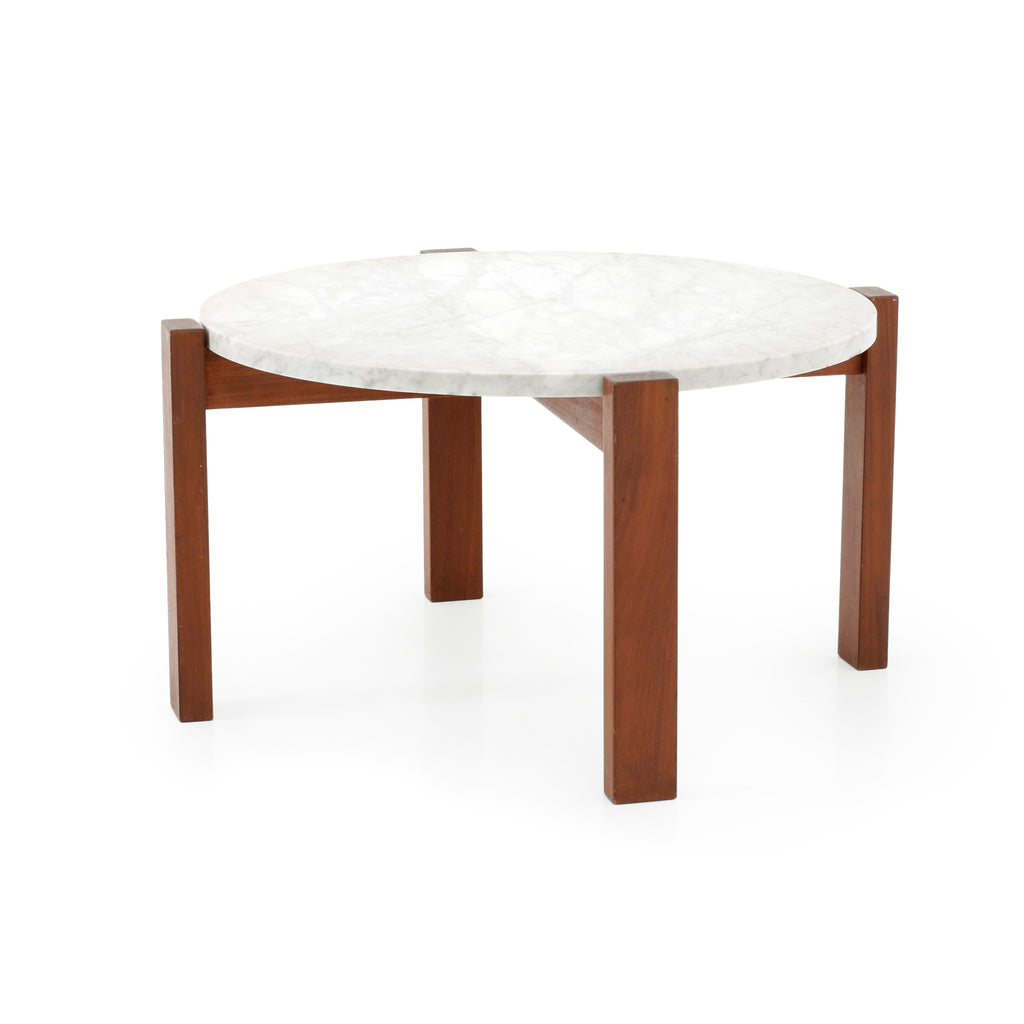 White Marble & Brown Base Round Side Table
