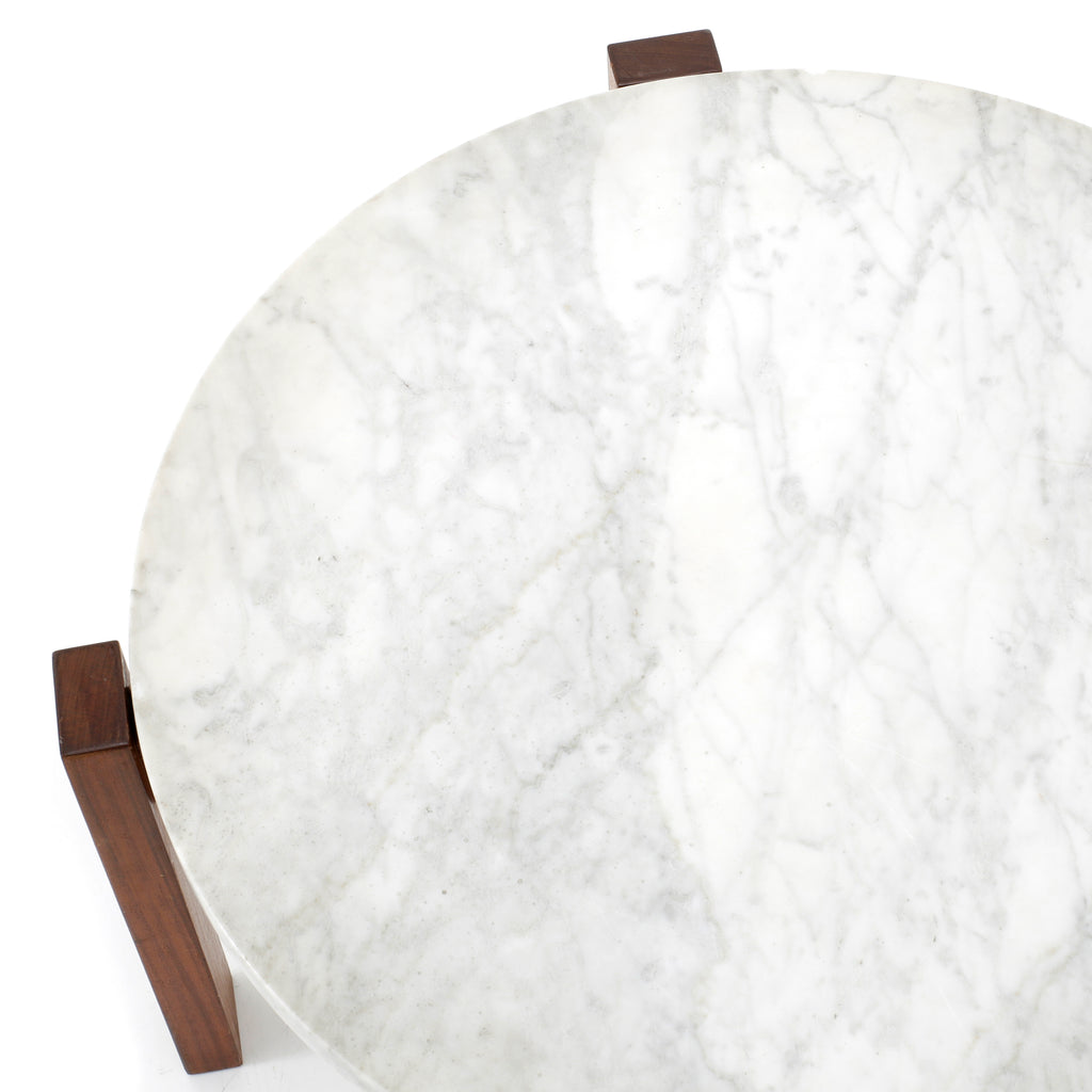 White Marble & Brown Base Round Side Table