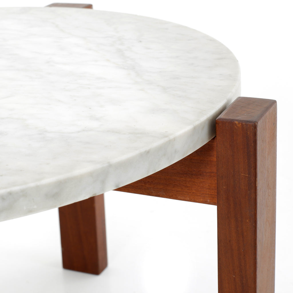 White Marble & Brown Base Round Side Table