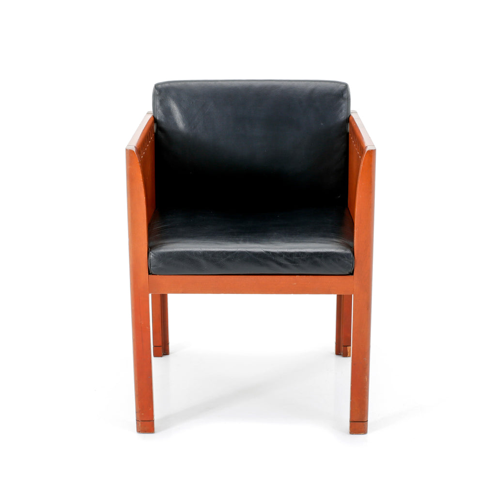 Black Leather & Wood Square Modern Arm Chair w/ No Side cushions