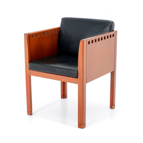 Black Leather & Wood Square Modern Arm Chair w/ No Side cushions