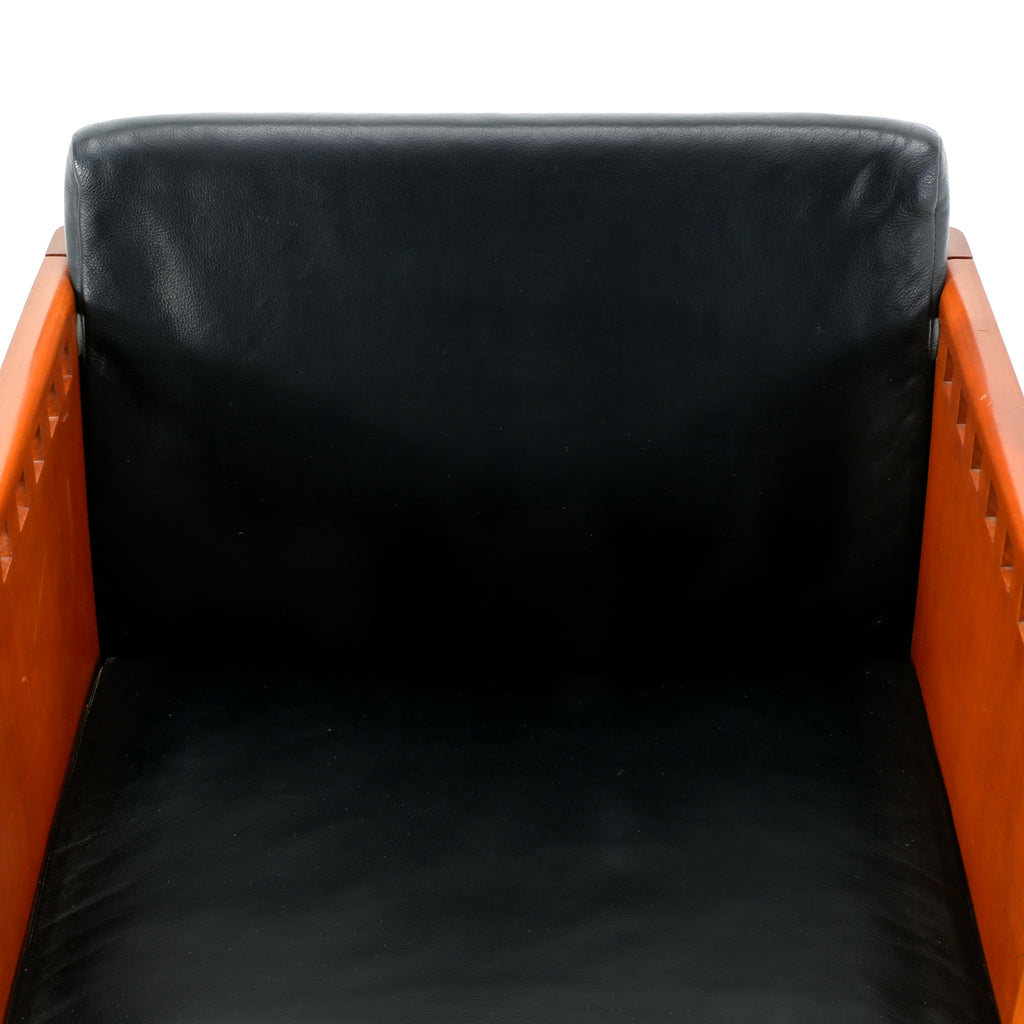 Black Leather & Wood Square Modern Arm Chair w/ No Side cushions