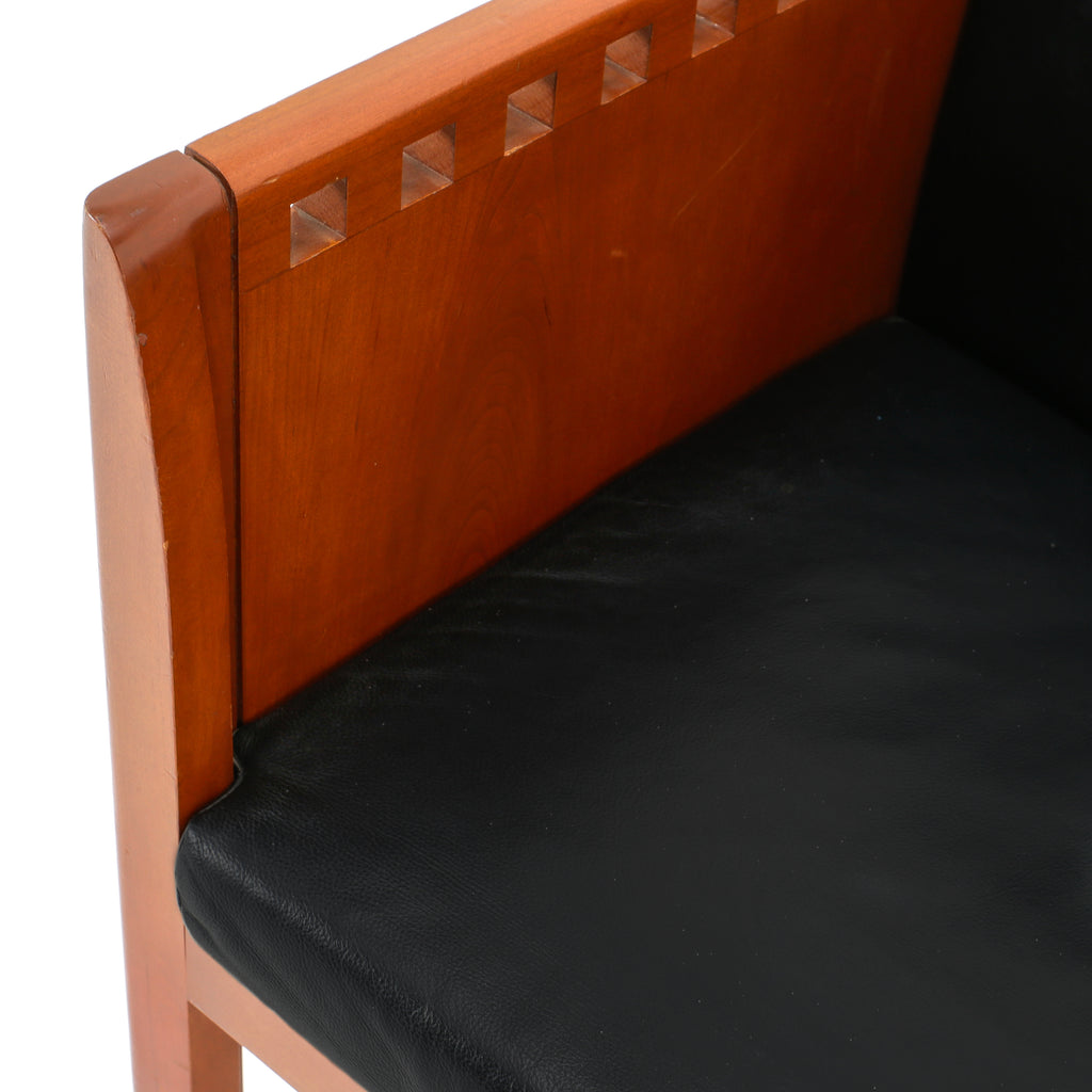 Black Leather & Wood Square Modern Arm Chair w/ No Side cushions