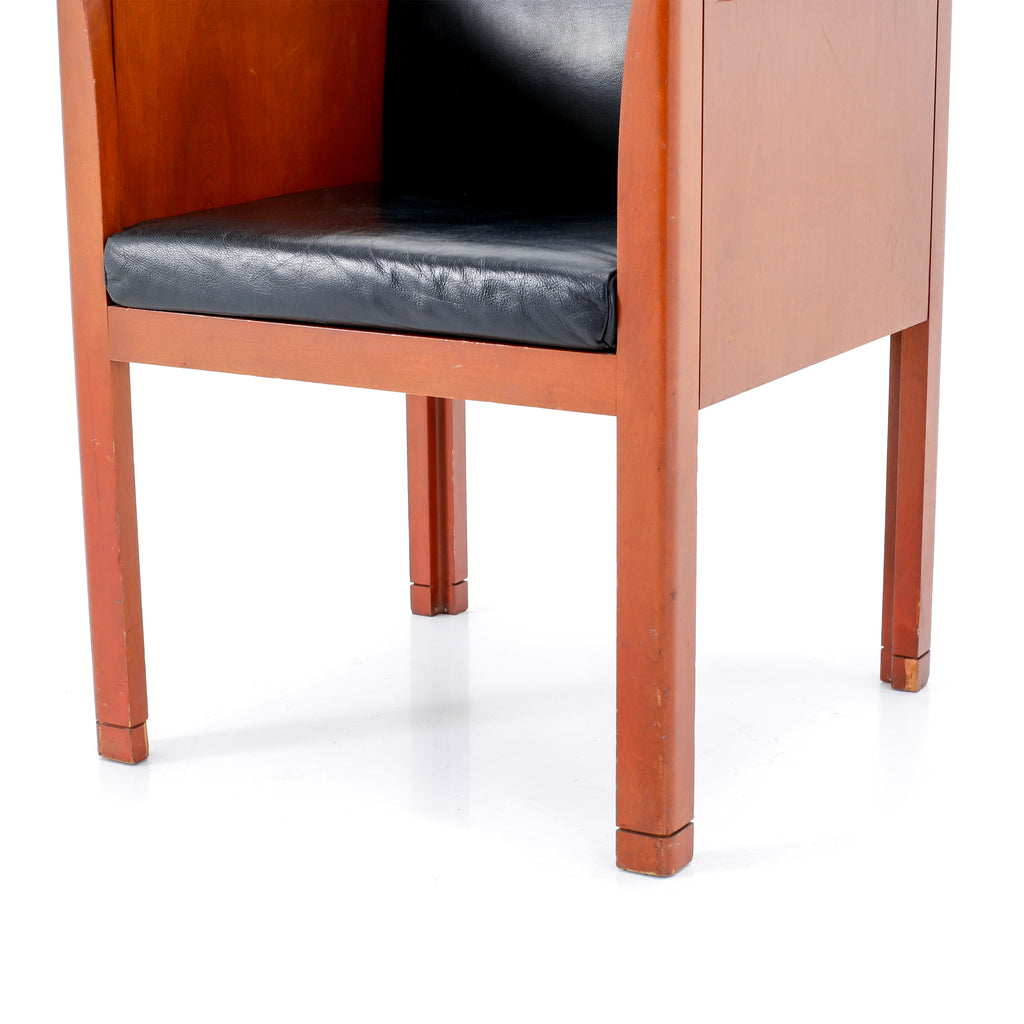 Black Leather & Wood Square Modern Arm Chair w/ No Side cushions