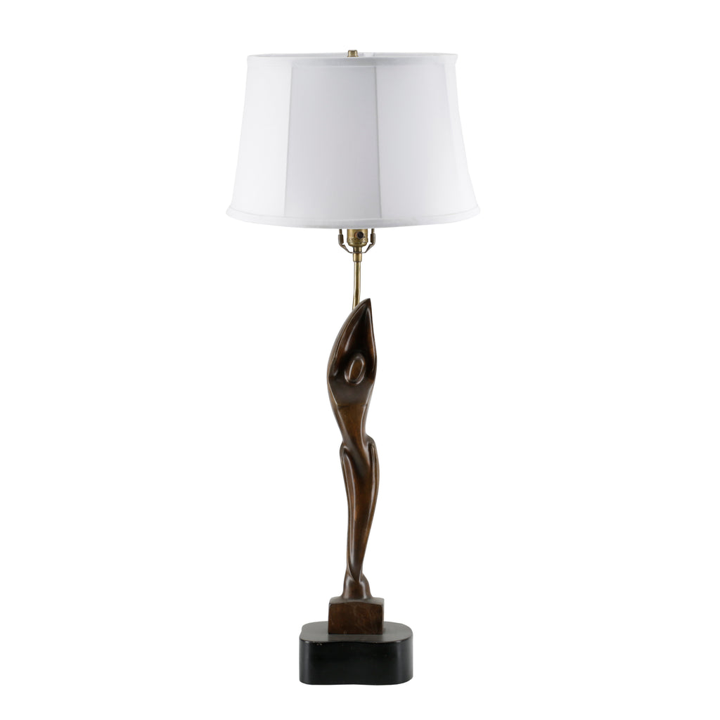 Carved Dark Wood Woman Table Lamp