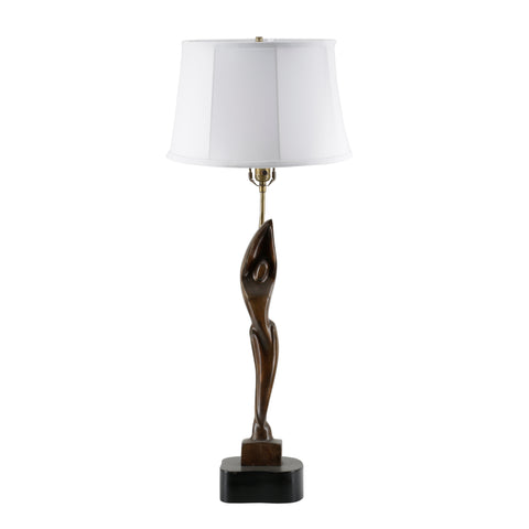 Carved Dark Wood Woman Table Lamp