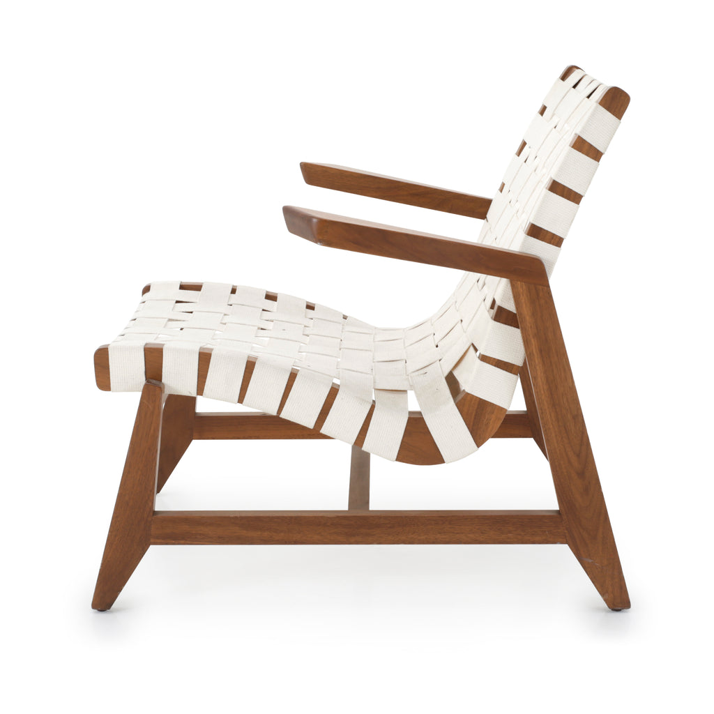 White Strap Wooden Outdoor Lounge Chair