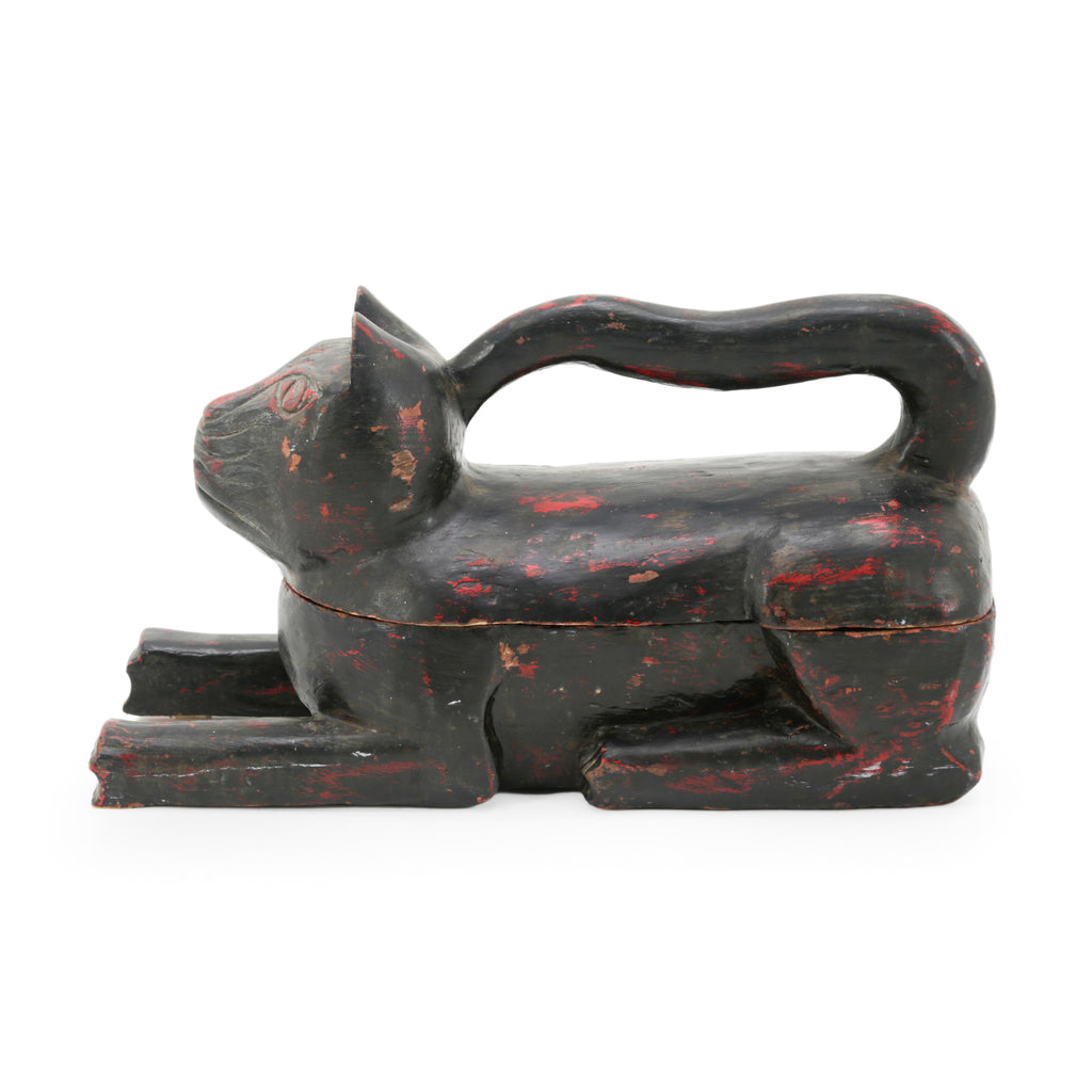 Black and Red Wooden Cat Storage Box with Tail Handle