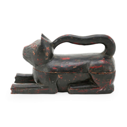 Black and Red Wooden Cat Storage Box with Tail Handle