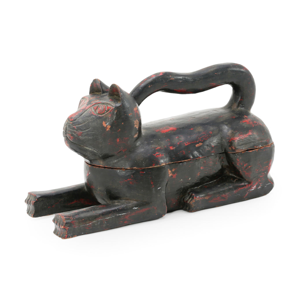 Black and Red Wooden Cat Storage Box with Tail Handle