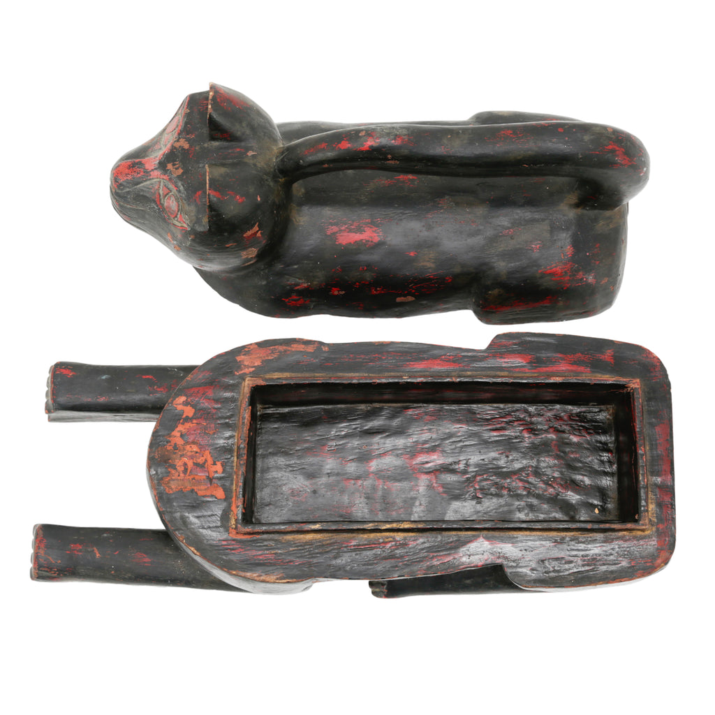 Black and Red Wooden Cat Storage Box with Tail Handle