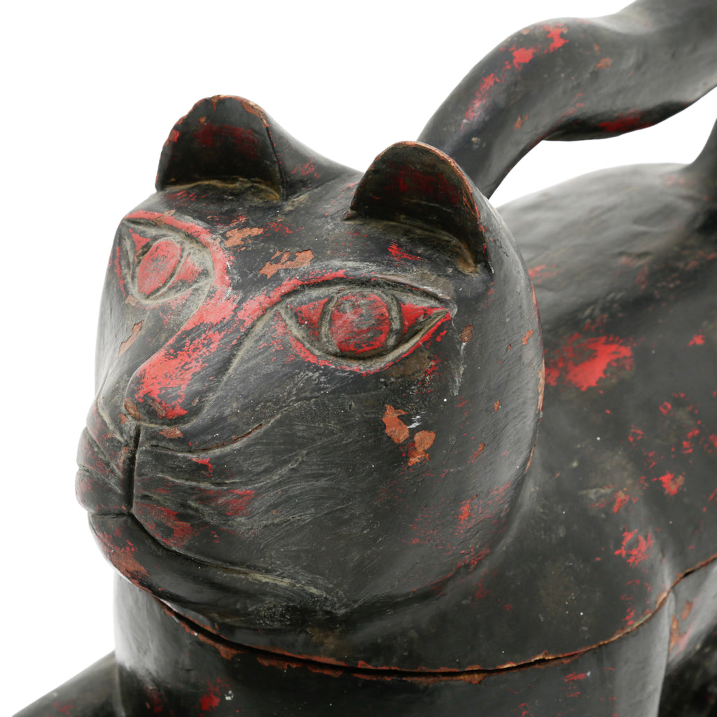 Black and Red Wooden Cat Storage Box with Tail Handle