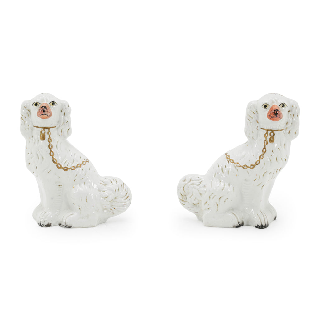 White Ceramic Spaniel Dog Figurines with Gold Chains