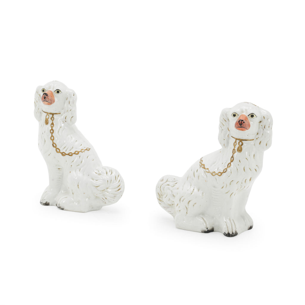 White Ceramic Spaniel Dog Figurines with Gold Chains