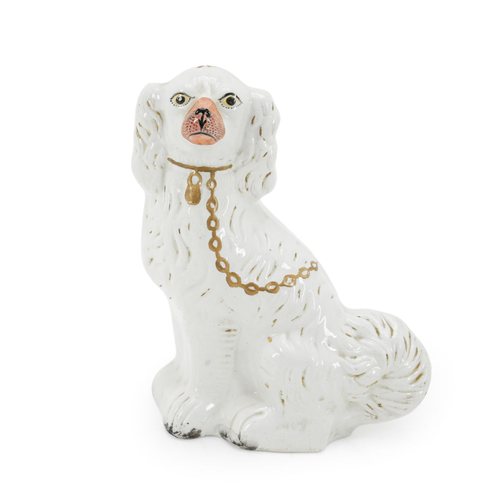 White Ceramic Spaniel Dog Figurines with Gold Chains