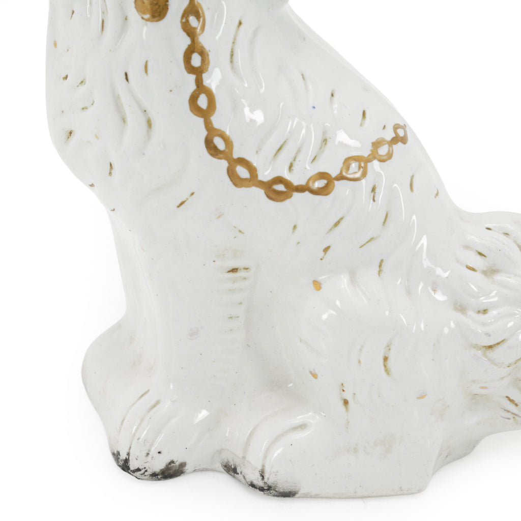 White Ceramic Spaniel Dog Figurines with Gold Chains