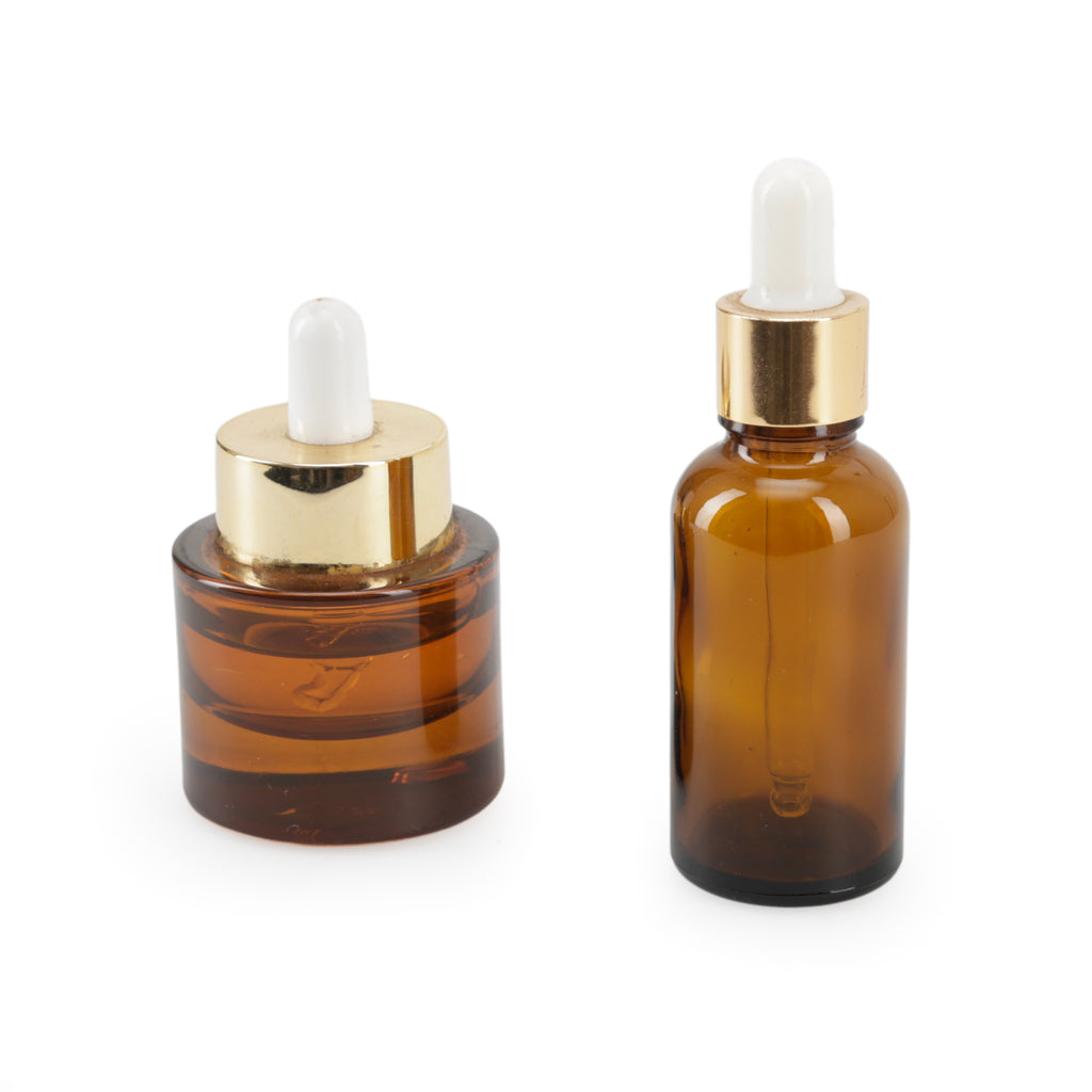 Pair of Amber Glass Dropper Bottles with Gold Caps