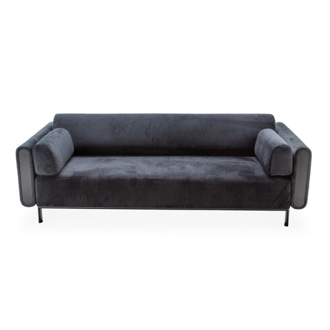 Charcoal Gray Velvet Modern Low Profile Sofa with Cylindrical Armrests