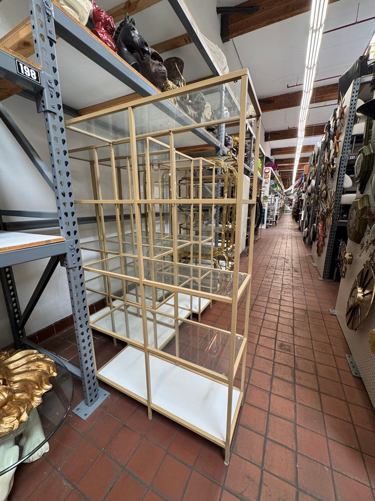 Gold Metal and Glass Display Shelf Unit with White Base